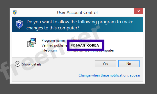 Screenshot where POSVAN KOREA appears as the verified publisher in the UAC dialog